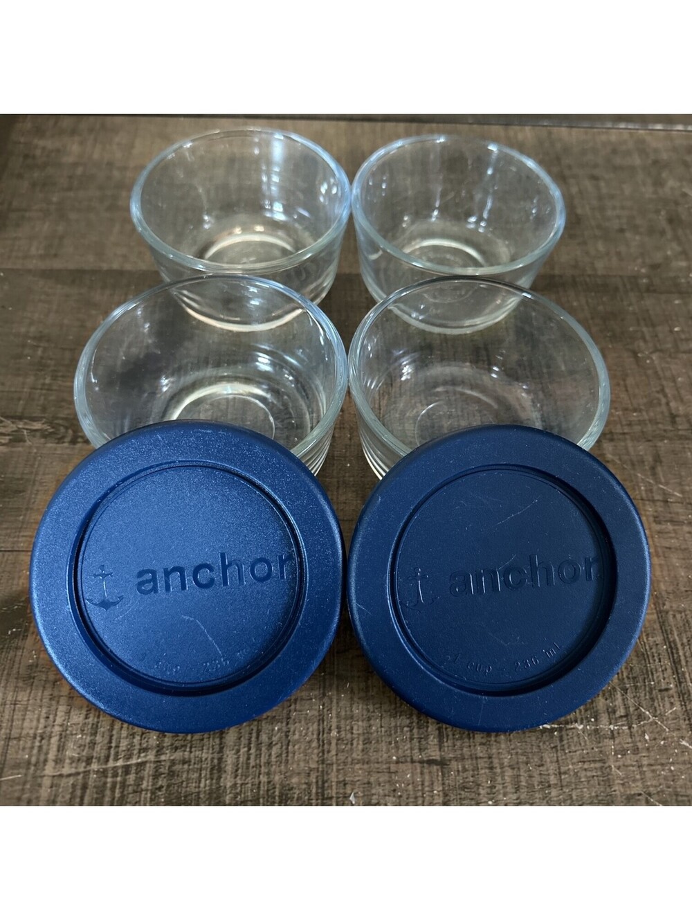 Anchor Hocking 1 Cup Glass Storage Bowls Set of 4 w/ 2 Blue Lids 236mL